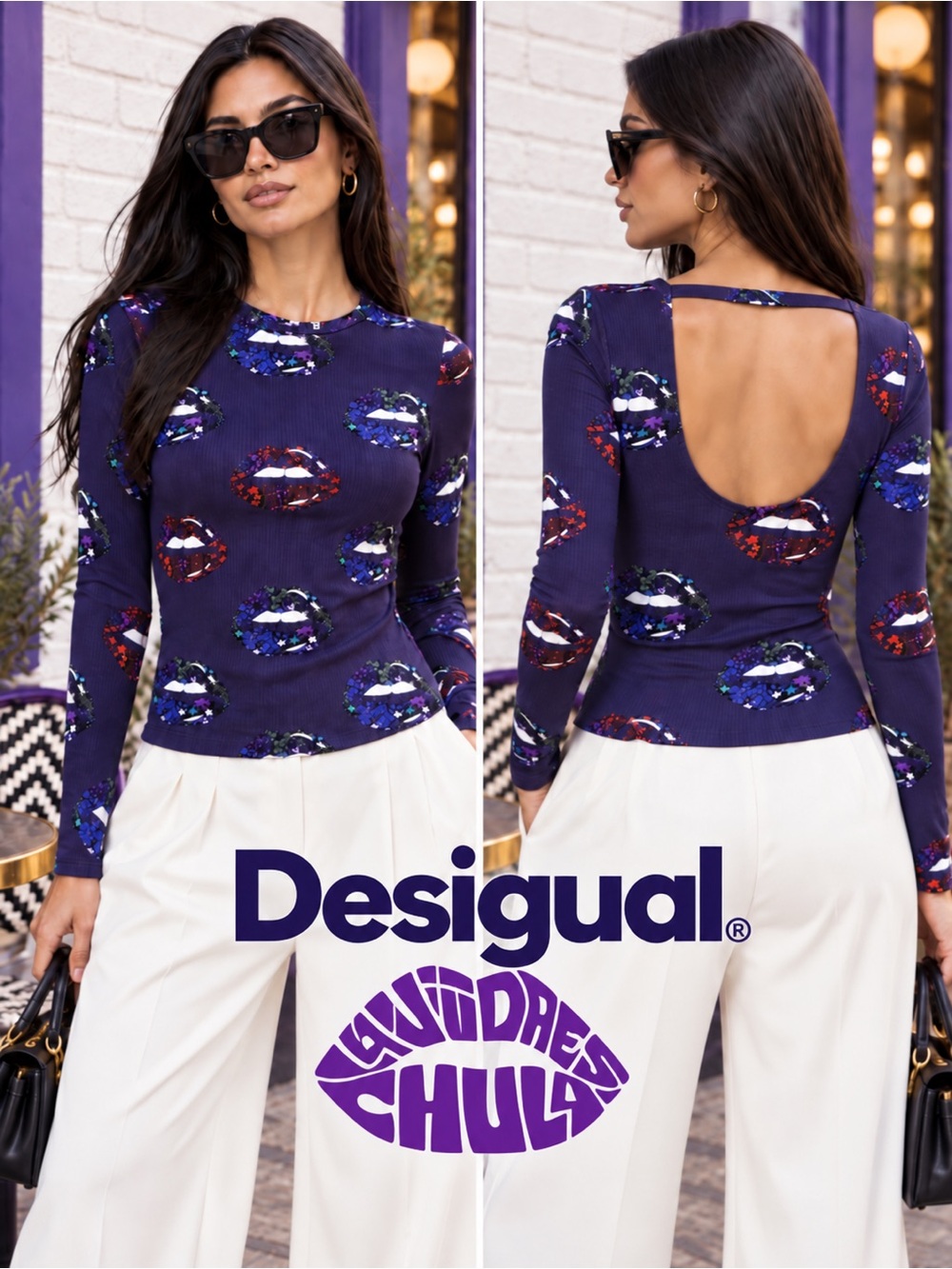 Desigual GALA Ribbed Lip Print Long Sleeve Top NWT Size S